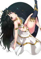 Rule 34 | 1girl, absurdres, anklet, asymmetrical legwear, black hair, black ribbon, crown, detached collar, earrings, fate/grand order, fate (series), hair ribbon, highres, hip bones, hoop earrings, ishtar (fate), jewelry, looking at viewer, midriff, misonikomi, neck ring, parted bangs, pelvic curtain, red eyes, ribbon, single thighhigh, smile, solo, thighhighs, tohsaka rin, two side up, uneven legwear