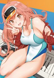 Rule 34 | 1girl, breasts, brown eyes, comic hanaman, competition swimsuit, highres, inoue kiyoshirou, jacket, large breasts, long hair, long sleeves, looking at viewer, no socks, off shoulder, one-piece swimsuit, open clothes, open jacket, open mouth, pink hair, shoes, sneakers, solo, star-shaped pupils, star (symbol), swimsuit, symbol-shaped pupils, track jacket, v, visor cap