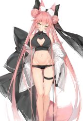 Rule 34 | 1girl, animal ear fluff, animal ears, bare shoulders, bikini, bikini bottom only, black bikini, black bow, blush, bow, breasts, brown eyes, cleavage, cleavage cutout, closed mouth, clothing cutout, commentary request, crop top, double bun, fate/grand order, fate (series), fox ears, fox girl, fox tail, groin, hair between eyes, hair bow, hair bun, half-closed eyes, head tilt, highres, koyanskaya (fate), large breasts, long hair, long sleeves, looking at viewer, md5 mismatch, navel, pink hair, resolution mismatch, revision, side bun, silver (chenwen), simple background, skindentation, sleeveless, sleeves past wrists, smile, solo, source larger, swimsuit, tail, thigh strap, twintails, very long hair, white background, wide sleeves