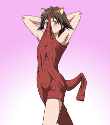 Rule 34 | 1girl, animal ears, armpits, arms behind head, brown eyes, brown hair, commentary request, gradient background, heattech leotard, hiro yoshinaka, leotard, looking at viewer, miyafuji yoshika, pink background, ribbed sweater, short hair, simple background, solo, strike witches, sweater, tail, turtleneck, wardrobe error, world witches series, you&#039;re doing it wrong