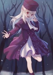 Rule 34 | 1girl, :d, absurdres, bad id, bad pixiv id, cloud, cloudy sky, coat, dress, fate/stay night, fate (series), frilled dress, frills, fur hat, hair between eyes, hat, highres, illyasviel von einzbern, leg up, long hair, night, open mouth, outdoors, outstretched arm, papakha, purple coat, purple hat, red eyes, short dress, silver hair, sky, smile, snowing, solo, standing, standing on one leg, white dress, winter clothes, winter coat, yorishiem