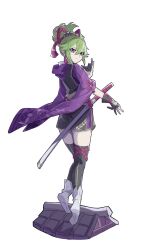 Rule 34 | 1girl, absurdres, black gloves, black skirt, black thighhighs, boots, commentary request, full body, genshin impact, gloves, green hair, grey footwear, hair between eyes, highres, katana, kuki shinobu, looking at viewer, miniskirt, ponytail, purple eyes, scabbard, sheath, sheathed, short hair, short sleeves, simple background, skirt, solo, sword, thighhighs, weapon, white background, wide sleeves, yunxiagong