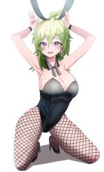 Rule 34 | 1girl, animal ears, armpits, bad id, bad pixiv id, black footwear, black leotard, breasts, cleavage, collei (genshin impact), commentary, detached collar, fake animal ears, fishnet pantyhose, fishnets, genshin impact, green hair, high heels, highres, kneeling, leotard, looking at viewer, navy bean (water1402), open mouth, pantyhose, playboy bunny, purple eyes, rabbit ears, shoes, simple background, solo, strapless, strapless leotard, white background, wrist cuffs