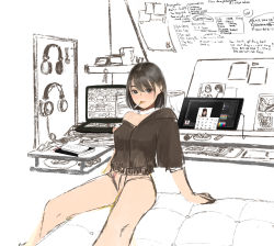 Rule 34 | 1girl, absurdres, azelweien, bed, black shirt, breasts, brown eyes, brown hair, choker, cigarette, cigarette butt, computer, cup, desk, drawing, drawing tablet, greyscale, headphones, highres, indoors, lighter, medium breasts, monitor, monochrome, mouth hold, notebook, on bed, original, paper, shirt, short hair, shorts, sketch, smoking, spot color, tablet pc, thighs, writing, writing on wall