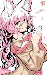 Rule 34 | 1girl, absurdres, animal ear fluff, animal ears, brown sweater, closed mouth, dated, fox ears, fox girl, fox tail, green eyes, hair between eyes, hands up, highres, long hair, long sleeves, looking at viewer, original, petals, pink hair, pink scarf, puffy long sleeves, puffy sleeves, ribbed sweater, scarf, simple background, smile, solo, steepled fingers, sweater, tail, upper body, very long hair, white background, yuuji (yukimimi)