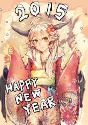 Rule 34 | 10s, 1girl, 2015, ahoge, blonde hair, chinese zodiac, closed mouth, collarbone, floral print, furisode, happy new year, heart, heart-shaped pupils, highres, horns, japanese clothes, kimono, long hair, looking at viewer, maido mido, new year, obi, original, pointy ears, sash, sheep, shiratan, smile, solo, symbol-shaped pupils, year of the goat, yellow eyes