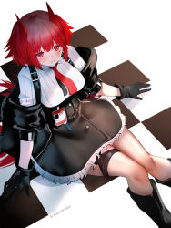 Rule 34 | 1girl, animal ears, arknights, bird ears, black footwear, black jacket, black skirt, blush, boots, breasts, collared shirt, feet out of frame, fiammetta (arknights), frilled skirt, frills, frown, highres, id card, jacket, ksartworks, medium breasts, necktie, off shoulder, open clothes, open jacket, red eyes, red hair, red necktie, shirt, sitting, skirt, solo, white shirt