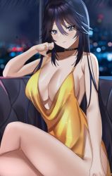 Rule 34 | 1girl, absurdres, black choker, blue eyes, blue hair, breasts, choker, cleavage, commentary, couch, crossed legs, dress, english commentary, hand on own cheek, hand on own face, highres, kson, large breasts, long hair, looking at viewer, lulanoon, mole, mole under eye, multicolored hair, purple hair, smile, souchou, streaked hair, swept bangs, virtual youtuber, vshojo, yellow dress