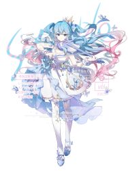 Rule 34 | 1girl, absurdres, anqing, aqua eyes, blue footwear, blue hair, bow (music), crown, dress, floating hair, full body, gradient hair, highres, holding, holding bow (music), holding instrument, holding violin, instrument, long hair, looking at viewer, mini crown, multicolored hair, music, original, pink hair, playing instrument, sample watermark, sleeveless, sleeveless dress, smile, solo, thighhighs, two side up, very long hair, violin, watermark, white background, white dress, white thighhighs, wrist cuffs