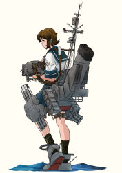 Rule 34 | 1girl, absurdres, adapted turret, blue sailor collar, blue skirt, brown eyes, brown hair, cannon, commentary request, from behind, full body, highres, kantai collection, kuragare, looking at viewer, machinery, miyuki (kancolle), pleated skirt, sailor collar, school uniform, serafuku, short hair, simple background, skirt, solo, torpedo launcher, turret, white background