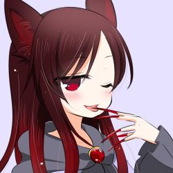 Rule 34 | 1girl, animal ears, bad id, bad pixiv id, blush, brown hair, dress, fingernails, imaizumi kagerou, jewelry, long fingernails, long hair, looking at viewer, mashiro miru, one eye closed, open mouth, red eyes, smile, solo, tongue, tongue out, touhou, wink, wolf ears