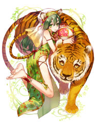Rule 34 | 1girl, :p, animal, animal ears, anklet, arm strap, asahikawa hiyori, ball, barefoot, china dress, chinese clothes, dress, flat chest, full body, green dress, green eyes, green hair, hair between eyes, hair ornament, headdress, holding, jewelry, leaning, long hair, looking at viewer, original, patterned background, pelvic curtain, sleeveless, sleeveless dress, smile, soles, tail, thigh strap, tiger, tiger ears, tiger tail, tongue, tongue out, white background