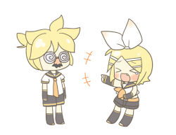 Rule 34 | &gt; &lt;, 1boy, 1girl, @ @, bad id, bad pixiv id, blonde hair, bow, brother and sister, detached sleeves, closed eyes, fang, groucho glasses, glasses, kagamine len, kagamine rin, laughing, sakuramori sumomo, short hair, siblings, twins, vocaloid
