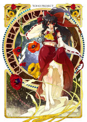 Rule 34 | 1girl, art nouveau, bad id, bad pixiv id, barefoot, bow, character name, chewing gum, detached sleeves, feet, female focus, flower, full body, garamgum, hakurei reimu, japanese clothes, miko, skirt, solo, touhou