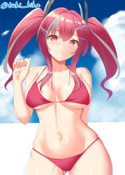 Rule 34 | 1girl, absurdres, arm behind back, azur lane, bare shoulders, bikini, blue sky, blush, breasts, bremerton (azur lane), cleavage, closed mouth, cloud, collarbone, commentary, cowboy shot, day, gluteal fold, grey hair, groin, hair between eyes, hair intakes, hair ornament, hairclip, hand up, highres, large breasts, long hair, looking at viewer, mole, mole on breast, multicolored hair, navel, one-hour drawing challenge, pink bikini, pink eyes, pink hair, sidelocks, skindentation, sky, smile, solo, standing, stomach, streaked hair, swimsuit, tokyo yamane, twintails, twitter username, two-tone hair, underboob, white background, x hair ornament