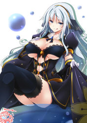 Rule 34 | 1girl, :q, ahoge, black thighhighs, blue eyes, blush, breasts, brooch, buttons, character request, chibi, chibi inset, cleavage, cleavage cutout, clothing cutout, covered erect nipples, crossed legs, detached sleeves, female focus, from side, gloves, hair between eyes, hair ribbon, hairband, jewelry, jukeini (sengoku collection), lace, lace-trimmed legwear, lace trim, large breasts, legs, long hair, miniskirt, mutou kurihito, no bra, pencil skirt, puffy short sleeves, puffy sleeves, ribbon, sengoku collection, shadow, short sleeves, silver hair, simple background, sitting, skirt, skirt hold, smile, solo, thighhighs, thighs, tongue, tongue out, underboob, underboob cutout, very long hair, white background, white gloves