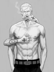 Rule 34 | 2boys, abs, cigar, doctor, looking at viewer, male focus, monochrome, multiple boys, muscular, one piece, pirate, punk hazard, scar, smoker (one piece), tattoo, topless male, trafalgar law, yaoi