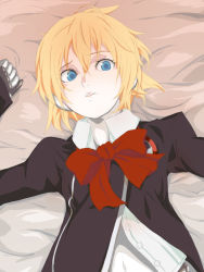 Rule 34 | aegis (persona), android, atlus, bed, blonde hair, blue eyes, bow, ghost-q, open clothes, open shirt, persona, persona 3, ribbon, school uniform, serafuku, shirt, solo