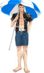 Rule 34 | 1boy, abs, alternate costume, black hair, brown eyes, fire emblem, fire emblem: thracia 776, fire emblem heroes, full body, highres, male focus, navel, parasol, pink dynamite09, reinhardt (fire emblem), sandals, topless male, simple background, solo, swimsuit, umbrella, white background