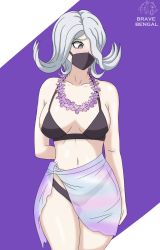Rule 34 | 1girl, arm behind back, artist logo, artist name, bikini, black bikini, blush, bravebengal, collarbone, danganronpa (series), danganronpa 3 (anime), embarrassed, female focus, flower, flower necklace, flower neckwear, highres, jewelry, kimura seiko, lei, long hair, looking away, looking down, looking to the side, mask, masked, matching outfits, multicolored background, navel, necklace, purple background, purple eyes, purple shawl, shawl, silver hair, simple background, swimsuit, swimsuit under clothes, thighs, upper body, watermark, white background