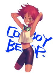 Rule 34 | 1girl, arms up, bike shorts, brown eyes, copyright name, cowboy bebop, crop top, dark-skinned female, dark skin, dotsuco, edward wong hau pepelu tivrusky iv, female focus, goggles, goggles around neck, grin, highres, looking at viewer, midriff, red hair, smile, solo, tomboy, white background
