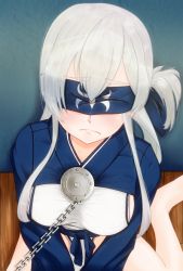 Rule 34 | 10s, 1girl, ainu clothes, bandana, bare legs, blindfold, blush, breasts, chain, folded ponytail, hair between eyes, headband, kamoi (kancolle), kantai collection, large breasts, long hair, sidelocks, solo, thick eyebrows, white hair