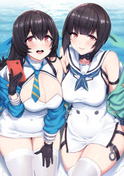 Rule 34 | 2girls, atago (blue oath), black gloves, black hair, blue neckwear, blue oath, blunt bangs, blush, breasts, cellphone, cleavage, cleavage cutout, clothing cutout, covered navel, dress, gloves, hair ribbon, highres, holding, holding phone, jacket, large breasts, long hair, looking at viewer, multiple girls, necktie, off shoulder, open mouth, phone, ribbon, sailor collar, sailor dress, short hair, smartphone, striped neckwear, takao (blue oath), thighhighs, water, white dress, white legwear, white sailor collar, whoosaku