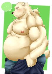 Rule 34 | ..., 1boy, animal ears, ass, bara, bear boy, bear ears, belly, blush, bulge, cigarette, dressing, edging underwear, fat, fat man, feet out of frame, from side, furry, furry male, grey male underwear, highres, i&#039;ve never seen a guy recreate this successfully tbh (meme), large pectorals, leib (housamo), male focus, male underwear, mature male, meme, muscular, muscular male, nipples, open pants, pants, pants lift, pectorals, short hair, shu (homohomofever3), solo, stomach, thick eyebrows, tokyo houkago summoners, topless male, undersized clothes, underwear