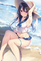 Rule 34 | 1girl, arm strap, arm up, armpits, bare arms, bare legs, bare shoulders, beach, bikini, black hair, blue bikini, blue choker, blue neckerchief, blue sailor collar, blush, bow, breasts, choker, closed mouth, commentary request, crop top, crop top overhang, day, feet out of frame, frilled bikini, frills, from above, groin, hair between eyes, hair ornament, hand on headwear, hat, hat bow, hat ornament, highres, huion, kisaragi yuri, long hair, looking at viewer, looking up, low twintails, medium breasts, midriff, mismatched bikini, navel, neckerchief, ocean, on ground, original, outdoors, purple eyes, sailor collar, shirt, sitting, sleeveless, sleeveless shirt, smile, solo, stomach, straw hat, swimsuit, thigh strap, thighs, twintails, water, white bow, white shirt