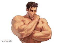 Rule 34 | 1boy, abs, artist name, bara, black eyes, black hair, earrings, glint, jewelry, male focus, muscular, muscular male, navel, nipples, nude, original, pectorals, ring, simple background, solo, theo (theobromicart), thinking, upper body, veins, white background