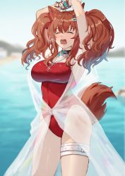 Rule 34 | 1girl, absurdres, aer7o, angelina (arknights), angelina (summer flower) (arknights), animal ears, arknights, arms up, black collar, blush, breasts, brown hair, collar, cowboy shot, earpiece, closed eyes, fox ears, fox girl, fox tail, hair ribbon, highres, infection monitor (arknights), jewelry, large breasts, long hair, necklace, official alternate costume, one-piece swimsuit, open mouth, outdoors, red ribbon, red one-piece swimsuit, ribbon, see-through, solo, stretching, swimsuit, swimsuit cover-up, tail, tears, thigh strap, twintails, water, yawning