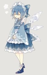 Rule 34 | 1girl, alternate costume, blue bow, blue eyes, blue footwear, blue hair, blue kimono, blush, bow, cirno, closed mouth, detached wings, enmaided, fairy, full body, grey background, hair between eyes, hair bow, high heels, highres, ice, ice wings, japanese clothes, kimono, long sleeves, maid, maid headdress, nikorashi-ka, pout, short hair, simple background, solo, touhou, wa maid, wide sleeves, wings