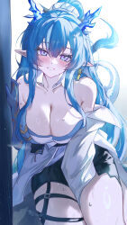Rule 34 | 1girl, absurdres, arknights, blue hair, breasts, cleavage, coat, dragon bubble (arknights), dragon girl, dragon horns, earrings, highres, horns, jewelry, large breasts, ling (arknights), lolifreak, looking at viewer, multicolored eyes, pointy ears, solo, sweat, thigh strap, thighs, white coat