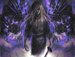 Rule 34 | 1boy, arms at sides, character check, closed mouth, covered eyes, cowboy shot, gintama, glowing, hair over eyes, hangleing, holding, holding sword, holding weapon, japanese clothes, kimono, long hair, male focus, oni, purple theme, sash, silver hair, sleeves past elbows, solo, spoilers, sword, torn clothes, torn sleeves, weapon, yoshida shouyou