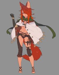 Rule 34 | 1girl, absurdres, animal ears, belt, black panties, cape, closed mouth, contrapposto, criss-cross halter, enkyo yuuichirou, fox ears, fox tail, full body, green scarf, grey background, hair over one eye, halterneck, hand up, highres, knee pads, looking at viewer, navel, original, panties, red hair, sandals, scarf, simple background, solo, standing, tail, underwear, white cape