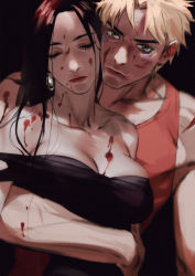 Rule 34 | 1girl, black hair, blonde hair, blood, breasts, caesar anthonio zeppeli, cleavage, closed eyes, closed mouth, earrings, emg (christain), facial mark, green eyes, hug, jewelry, jojo no kimyou na bouken, large breasts, lisa lisa, looking at viewer, manly, mature female