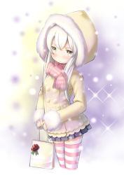 Rule 34 | 10s, 1girl, alternate costume, alternate hair color, bad id, bad pixiv id, bag, blush, coat, flower, frown, fur trim, holding, hood, kantai collection, long hair, looking at viewer, personification, pleated skirt, rin2008, rose, scarf, shimakaze (kancolle), skirt, solo, striped clothes, striped thighhighs, thighhighs, white hair, winter clothes, zettai ryouiki