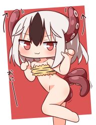 Rule 34 | 1girl, :3, animal print, arrow (symbol), bare arms, bare shoulders, black hair, blush, bottomless, chibi, closed mouth, collarbone, grey hair, hair between eyes, hana kazari, hands up, highres, looking at viewer, motion lines, multicolored hair, original, red background, red eyes, shokushu-chan, solo, standing, standing on one leg, tentacle clothes, tiger print, two-tone background, two-tone hair, v-shaped eyebrows, white background