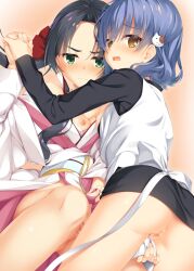 Rule 34 | &gt;:(, 2girls, 8kumagawa (log), :3, @ @, ass, back bow, between legs, black hair, black shirt, black skirt, blue hair, blush, bow, breasts, breasts out, brown eyes, cat hair ornament, censored, character request, closed mouth, clothes lift, commentary, dracu-riot!, embarrassed, eyelashes, eyes visible through hair, fingernails, from above, frown, furrowed brow, green eyes, hair between eyes, hair bow, hair ornament, hair tubes, hand between legs, highres, holding hands, interlocked fingers, japanese clothes, jitome, kimono, knees up, long hair, long sleeves, looking at viewer, looking back, lying, medium hair, mole, mole under eye, mosaic censoring, multiple girls, nipples, no bra, no panties, nose blush, off shoulder, ofusa hiyori, on back, open mouth, orange background, parted bangs, pencil skirt, pussy, red bow, shirt, sidelocks, simple background, skirt, skirt lift, small breasts, thick eyebrows, thighs, tsurime, twintails, v-shaped eyebrows, white bow, white kimono, wide sleeves