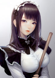 Rule 34 | 1girl, black eyes, black hair, blunt bangs, breasts, broom, buttons, commentary request, corset, grey background, highres, holding, holding broom, long hair, long sleeves, looking at viewer, maid, maid headdress, medium breasts, okamocheese, original, parted lips, red lips, sketch, solo, stitches, upper body