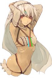 Rule 34 | 1girl, absurdres, altera (fate), armpits, blunt bangs, breasts, choker, cleavage, closed mouth, collarbone, commentary request, dark-skinned female, dark skin, detached sleeves, fate/grand order, fate (series), full-body tattoo, hair between eyes, hands on own head, headdress, highres, hip focus, jewelry, midriff, navel, pisuta (yamashiro), red eyes, revealing clothes, short hair, skirt, small breasts, smile, solo, stomach, tan, tattoo, veil, white hair, white skirt