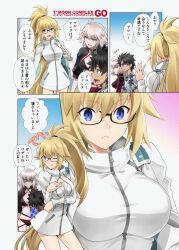 1boy 2girls ahoge animated animated_gif bikini blonde_hair blood blue_eyes bouncing_breasts breasts brown_hair bursting_breasts commentary_request fate/grand_order fate_(series) fujimaru_ritsuka_(male) fujimaru_ritsuka_(male)_(tropical_summer) grey_hair jeanne_d&#039;arc_(fate) jeanne_d&#039;arc_(swimsuit_archer)_(fate) jeanne_d&#039;arc_(swimsuit_archer)_(second_ascension)_(fate) jeanne_d&#039;arc_alter_(fate) jeanne_d&#039;arc_alter_(swimsuit_berserker)_(fate) large_breasts long_hair multiple_girls nosebleed official_alternate_costume one-piece_swimsuit ponytail shaded_face shirotsumekusa short_hair spiked_hair swimsuit tongue tongue_out translation_request whistle yellow_eyes