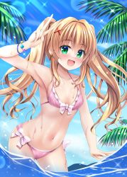 Rule 34 | 1girl, bikini, blonde hair, blue sky, breasts, cloud, commentary request, day, frilled bikini, frills, green eyes, hair ornament, highres, lens flare, long hair, looking at viewer, minatoto, outdoors, palm leaf, pink bikini, sky, small breasts, smile, soaking feet, solo, summer pockets, swimsuit, tsumugi wenders, twintails, water, x hair ornament