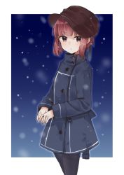 Rule 34 | 1girl, adapted costume, black coat, black pantyhose, brown eyes, brown hat, buttons, coat, cowboy shot, hat, highres, kantai collection, long sleeves, pantyhose, red hair, short hair, solo, u yuz xx, z3 max schultz (kancolle)