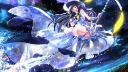 Rule 34 | 1girl, :d, bare shoulders, blush, bridal garter, broom, broom riding, dress, full body, hat, highres, houkago no pleiades, itsuki (houkago no pleiades), kneehighs, legs, looking at viewer, magical girl, night, night sky, open mouth, sky, sleeveless, sleeveless dress, smile, socks, staff, star (sky), starry sky, swordsouls, thighs, top hat, white dress, white socks