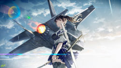 Rule 34 | 1girl, blew andwhite, blue hakama, blue sky, bow (weapon), breasts, brown eyes, brown hair, commentary request, flight deck, from side, gloves, hakama, hakama short skirt, hakama skirt, highres, holding, holding weapon, japanese clothes, kaga (kancolle), kantai collection, large breasts, long hair, long sleeves, looking at viewer, muneate, outdoors, parted lips, partially fingerless gloves, quiver, side ponytail, signature, single glove, skirt, sky, solo, tasuki, thighhighs, weapon