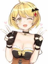 Rule 34 | 1girl, :d, bat (animal), black choker, black gloves, blonde hair, blush, bow, breasts, choker, cleavage, double v, fang, fingerless gloves, gloves, hair ornament, hairclip, heart, highres, hololive, looking at viewer, medium breasts, nanashi (nlo), one eye closed, open mouth, short hair, simple background, skin fang, smile, solo, upper body, v, virtual youtuber, white background, yellow bow, yellow eyes, yozora mel, yozora mel (2nd costume)