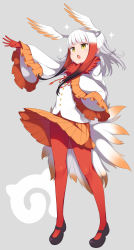 Rule 34 | 10s, 1girl, :o, black hair, blunt bangs, full body, gamuo, gloves, gradient hair, hand on own chest, head wings, highres, japanese crested ibis (kemono friends), japari symbol, kemono friends, long sleeves, mary janes, multicolored hair, music, open mouth, pantyhose, pleated skirt, red gloves, red hair, red pantyhose, shirt, shoes, simple background, singing, skirt, solo, tail, two-tone hair, white hair, white shirt, wings, yellow eyes