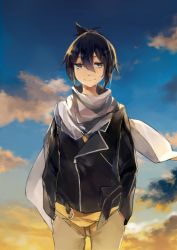 Rule 34 | 1boy, bad id, bad pixiv id, cloud, fongjlf, gradient background, grey eyes, highres, jacket, male focus, nezumi (no.6), no.6, outdoors, scarf, short hair, short ponytail, sky, smile, solo