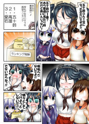 Rule 34 | 0 0, 10s, 4girls, aoba (kancolle), black legwear, blue eyes, blush, bow, box, breast envy, breasts squeezed together, breasts, brown eyes, brown hair, carton, comic, crescent, crescent hair ornament, green hair, hair ornament, i-401 (kancolle), isuzu (kancolle), kantai collection, large breasts, long hair, milking machine, multiple girls, navel, neckerchief, open mouth, ouno (nounai disintegration), pink hair, ponytail, purple eyes, school uniform, serafuku, shirt, short hair with long locks, sleeveless, sleeveless shirt, smile, solid oval eyes, standing, swimsuit, swimsuit under clothes, thighhighs, translation request, twintails, white shirt, yayoi (kancolle), zettai ryouiki